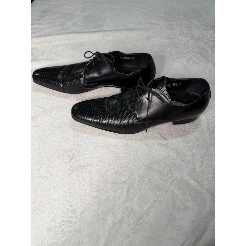 Paul Fredrick Mens Black Leather Textured Diamond Oxford Dress Shoes 12M Italy